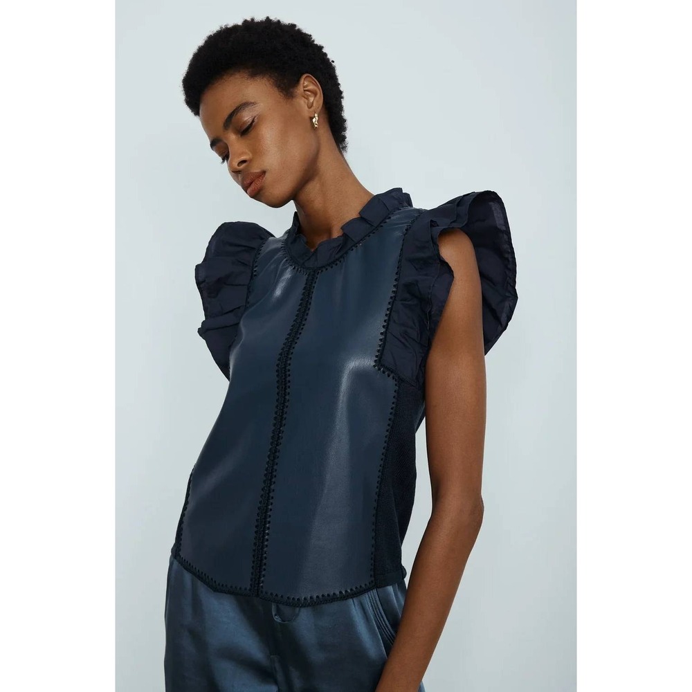 Melissa Nepton Rider Black Faux Leather Knit Ruffle Mixed Media Top Sz S K1287